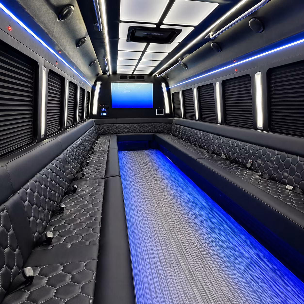 allen 50 passenger party bus inside
